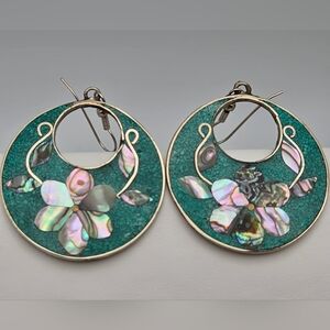 Vintage Alpaca Silver Abalone & Turquoise Mother of Pearl Flower Drop Earrings